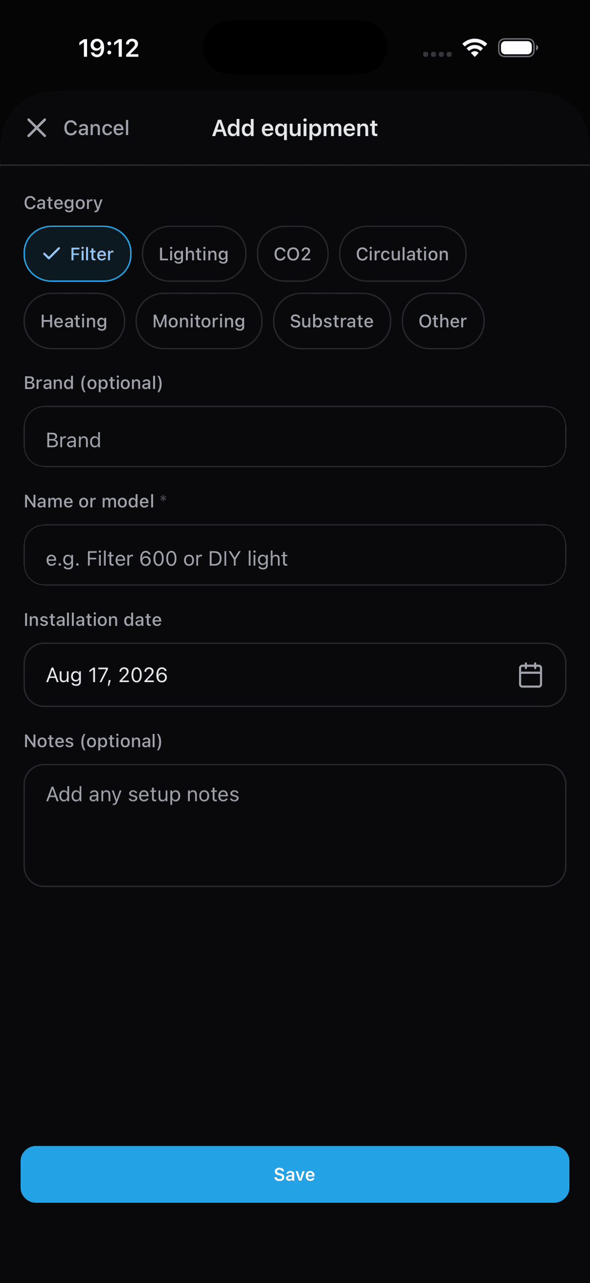 Add equipment form with category, model, installation date, and notes