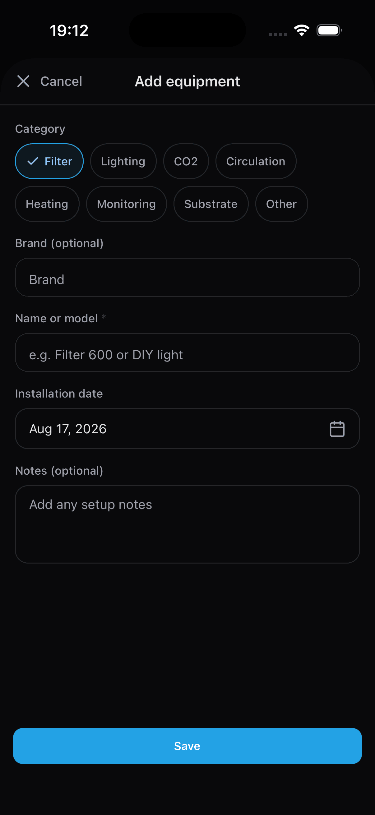 Equipment form showing available categories and setup details