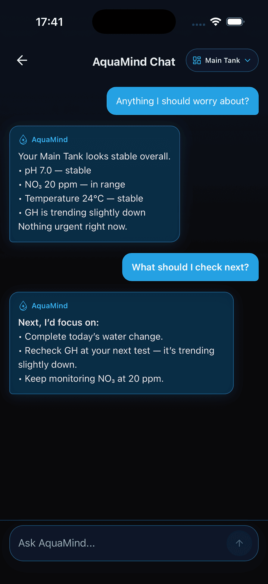 AquaMind Chat answering questions with aquarium data in context