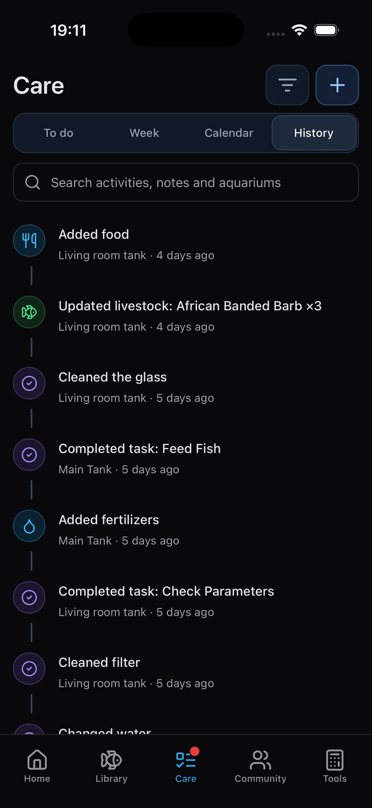 Care history with completed aquarium tasks and maintenance activities