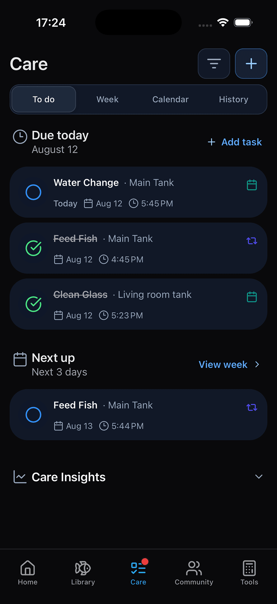 Care task list with completed and upcoming aquarium maintenance