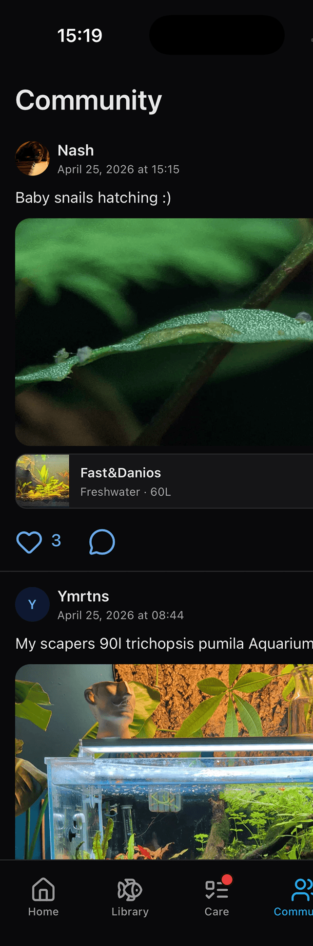 Aquarium Tracker community feed with aquarium posts