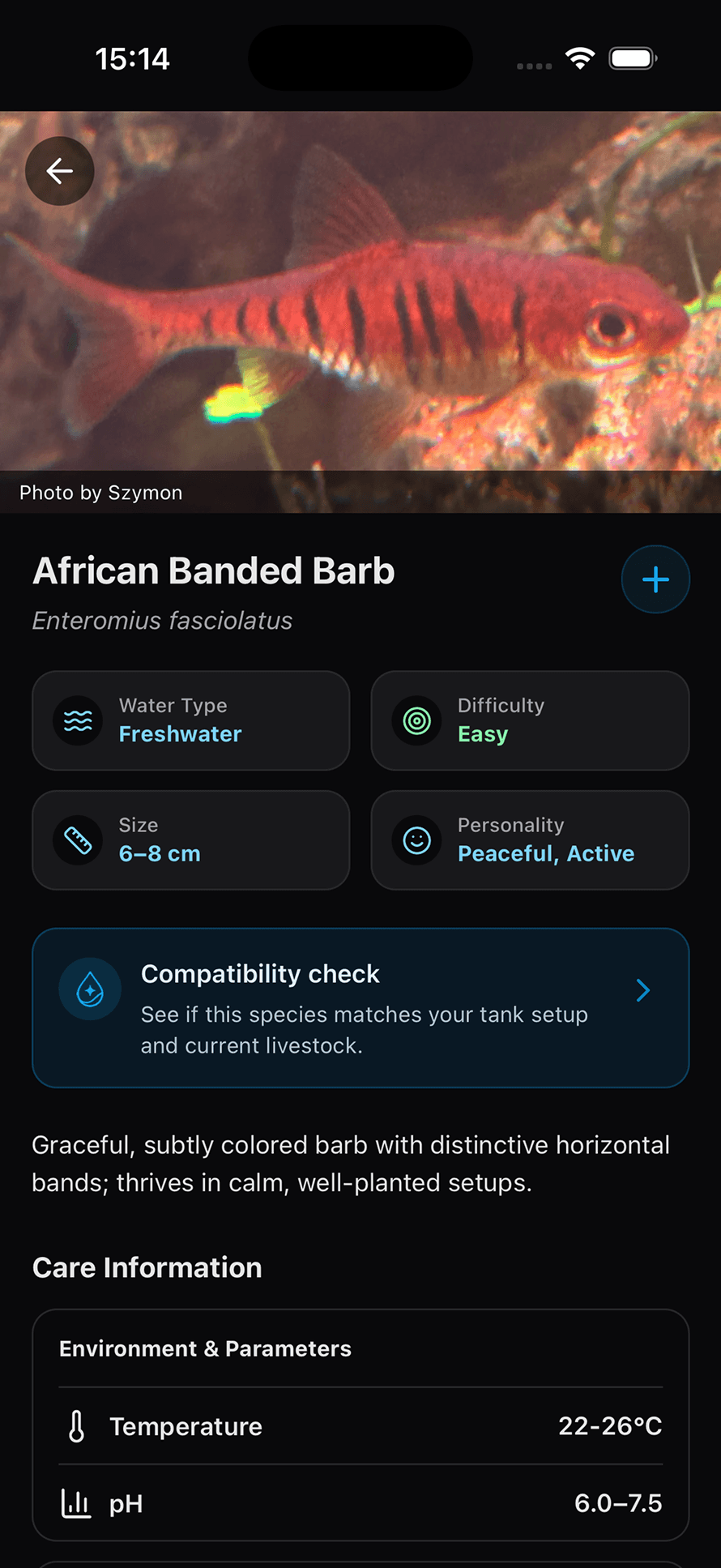 Aquarium Tracker species library with fish and plants
