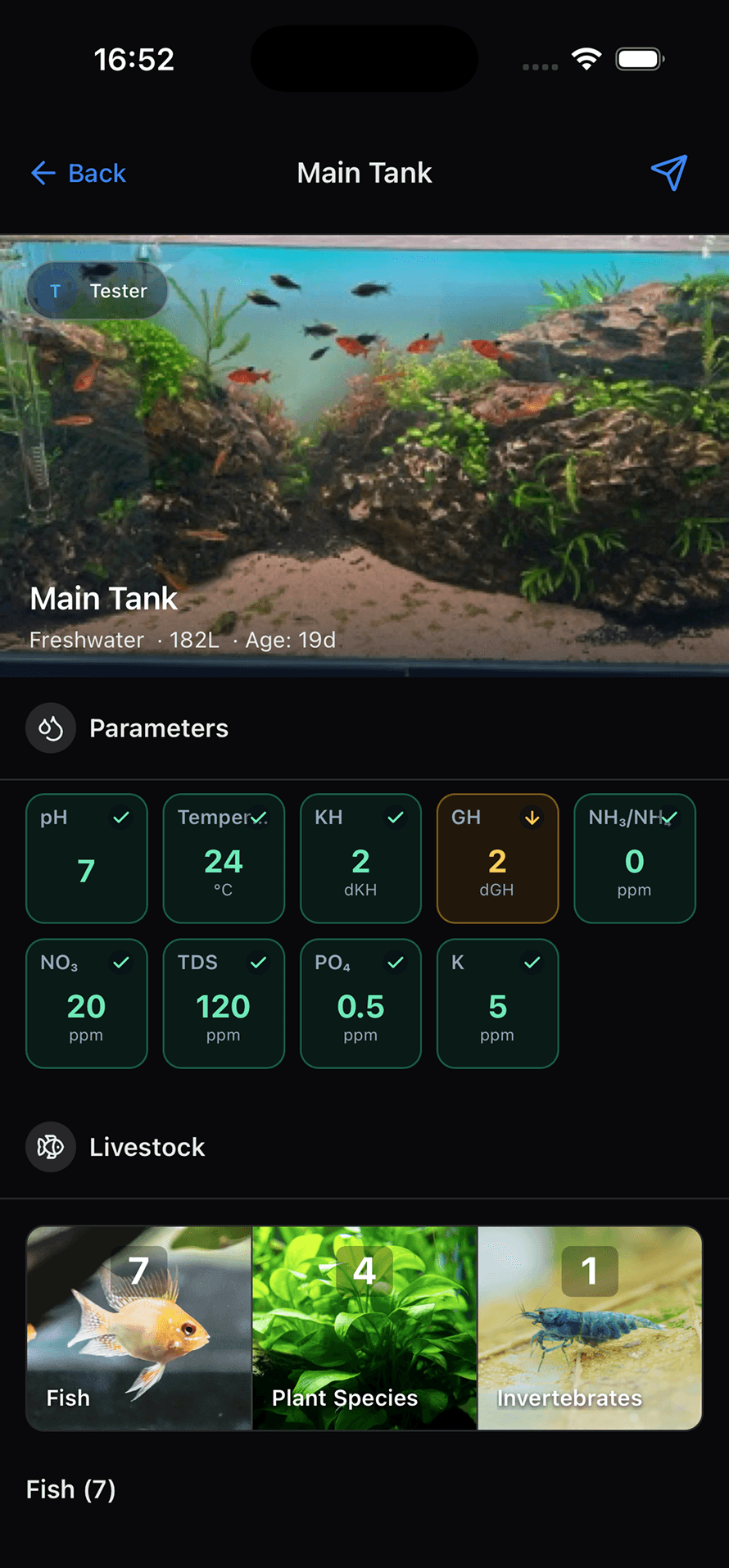Connected tank overview with parameters and livestock