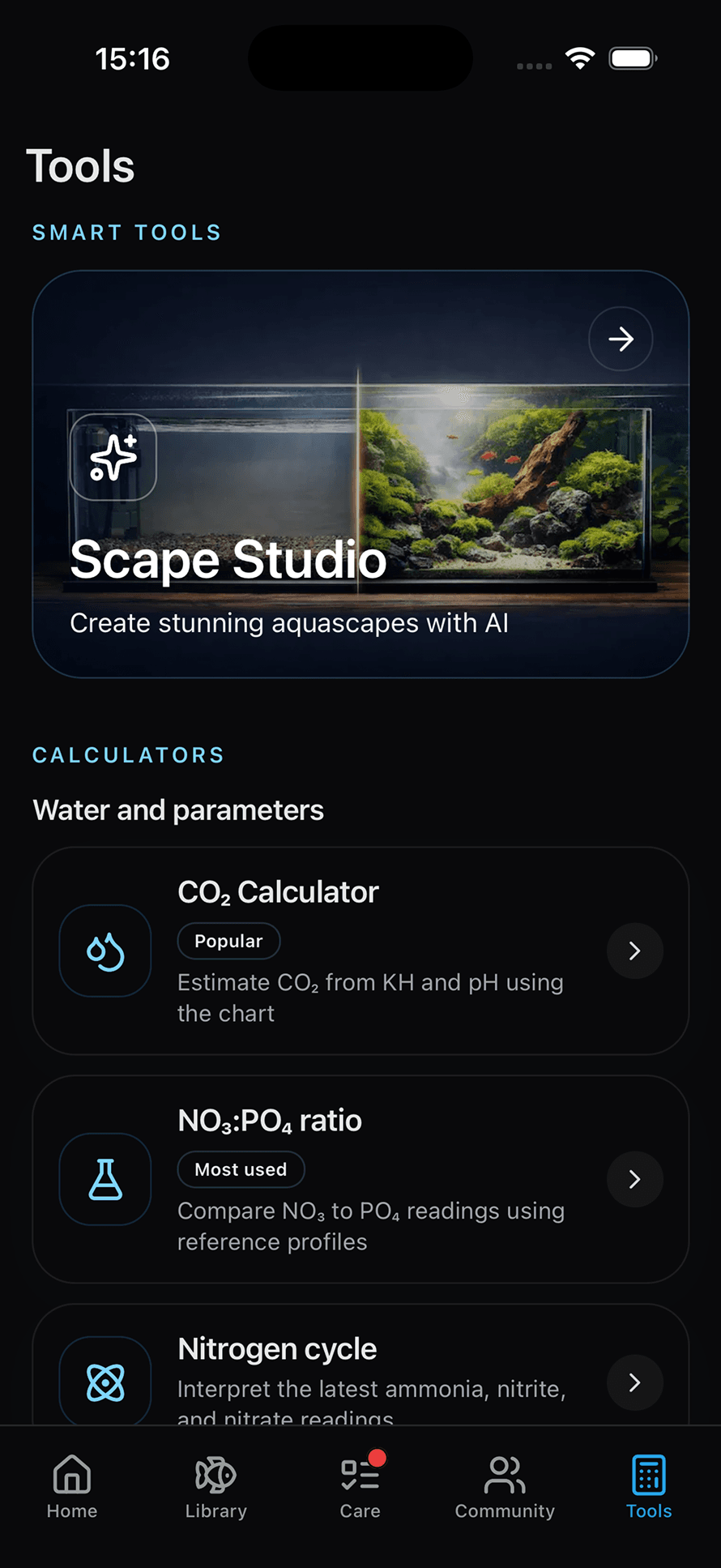 Aquarium Tracker tools screen with Scape Studio and calculators