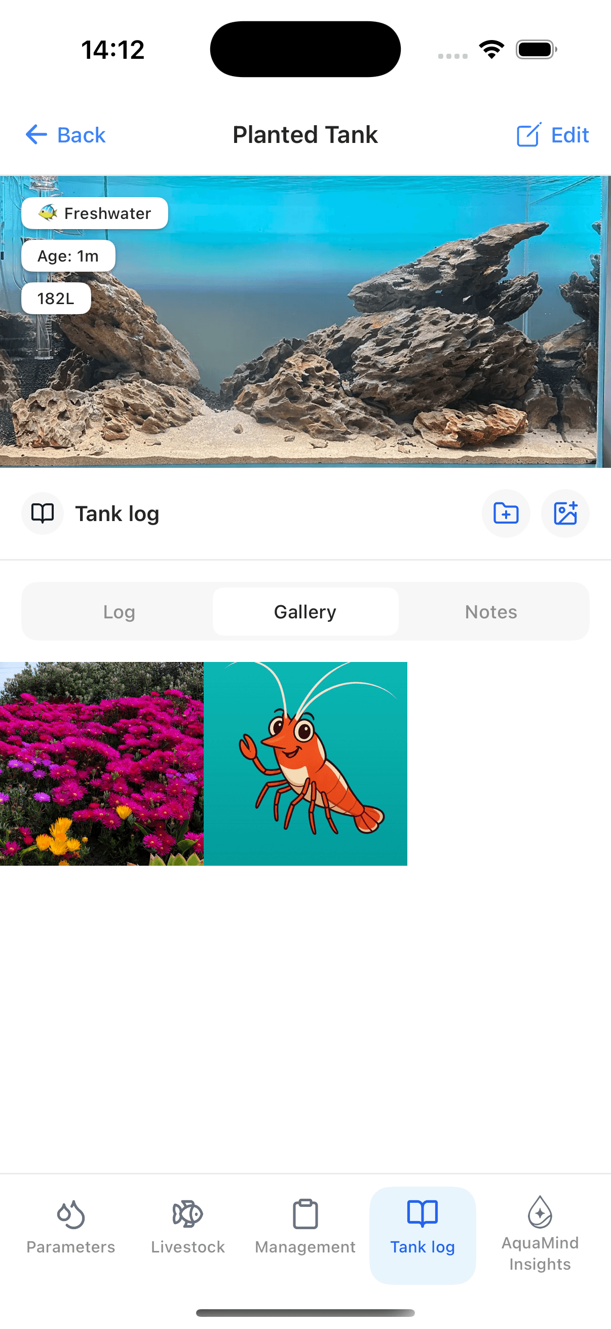 Tank log entry with a photo gallery