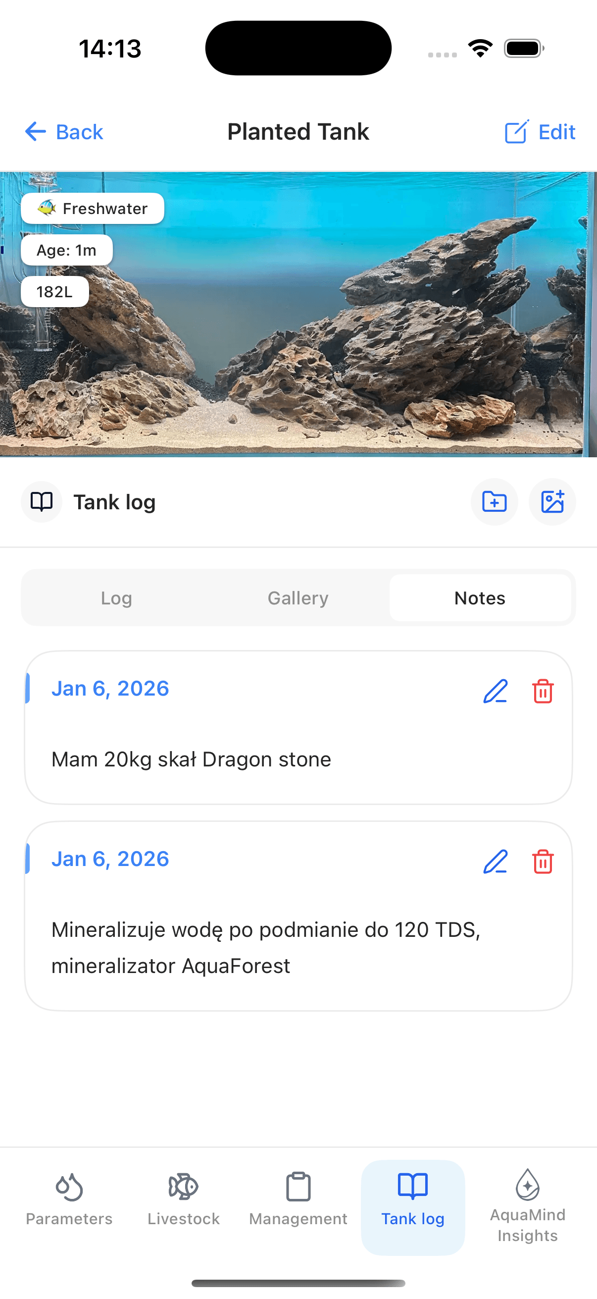 Notes attached to a tank log entry