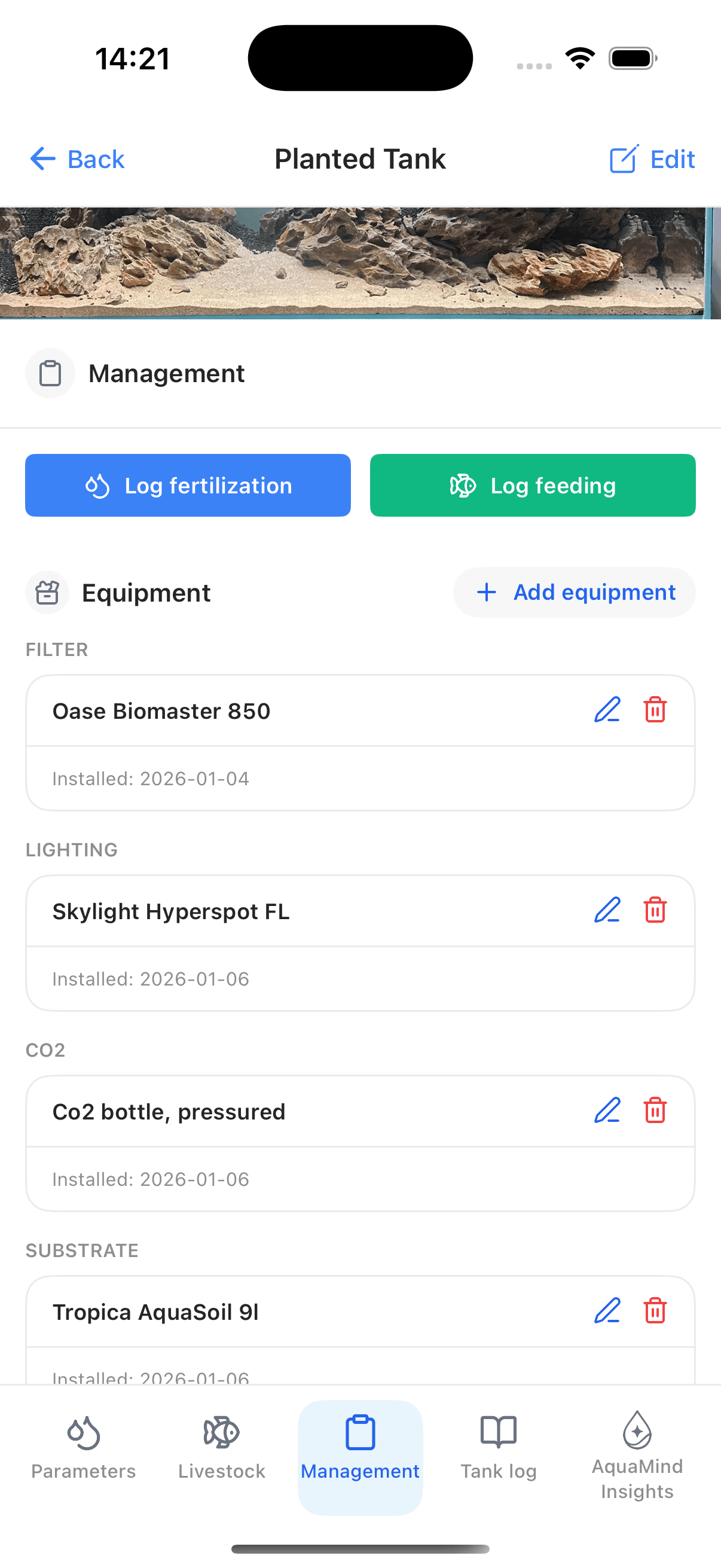 Aquarium management overview on a mobile screen