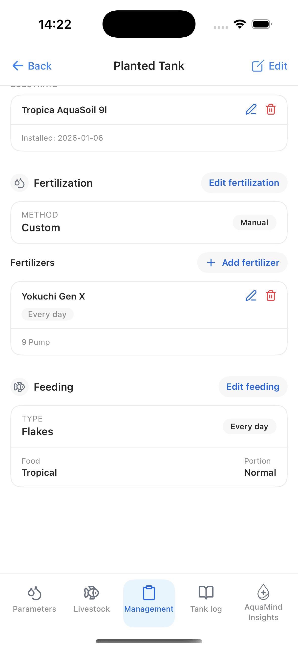 Fertilizer dosing log with amounts