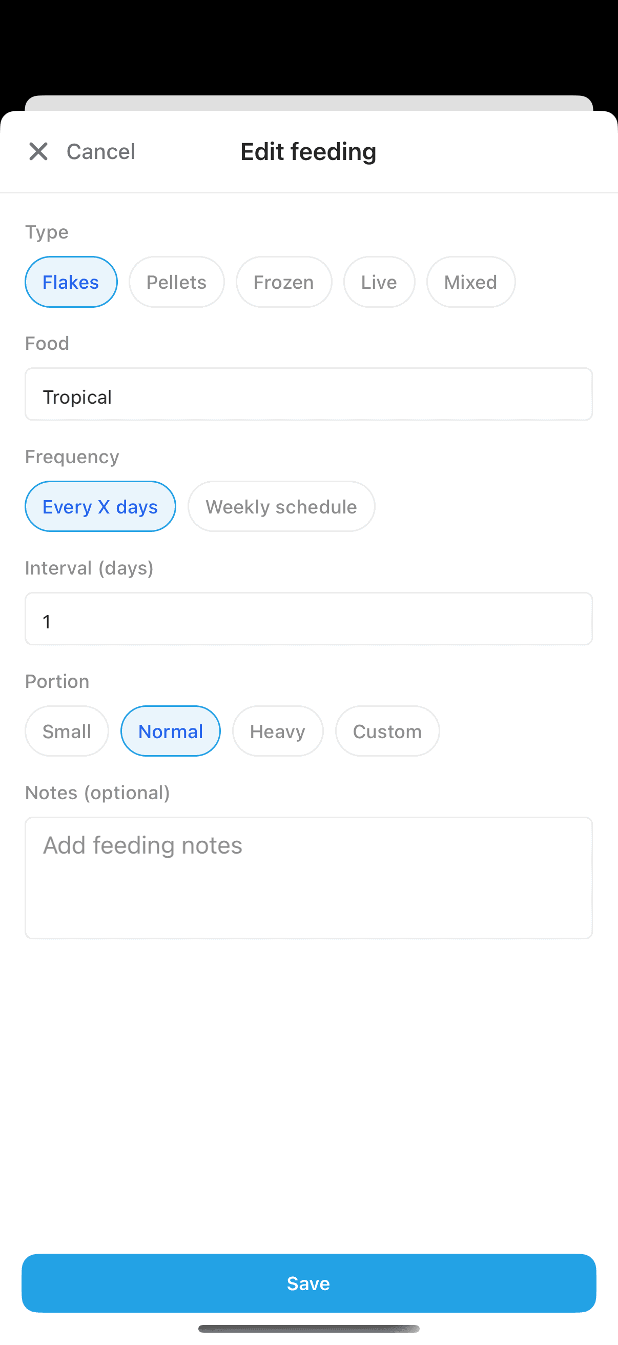 Feeding entry with schedule notes