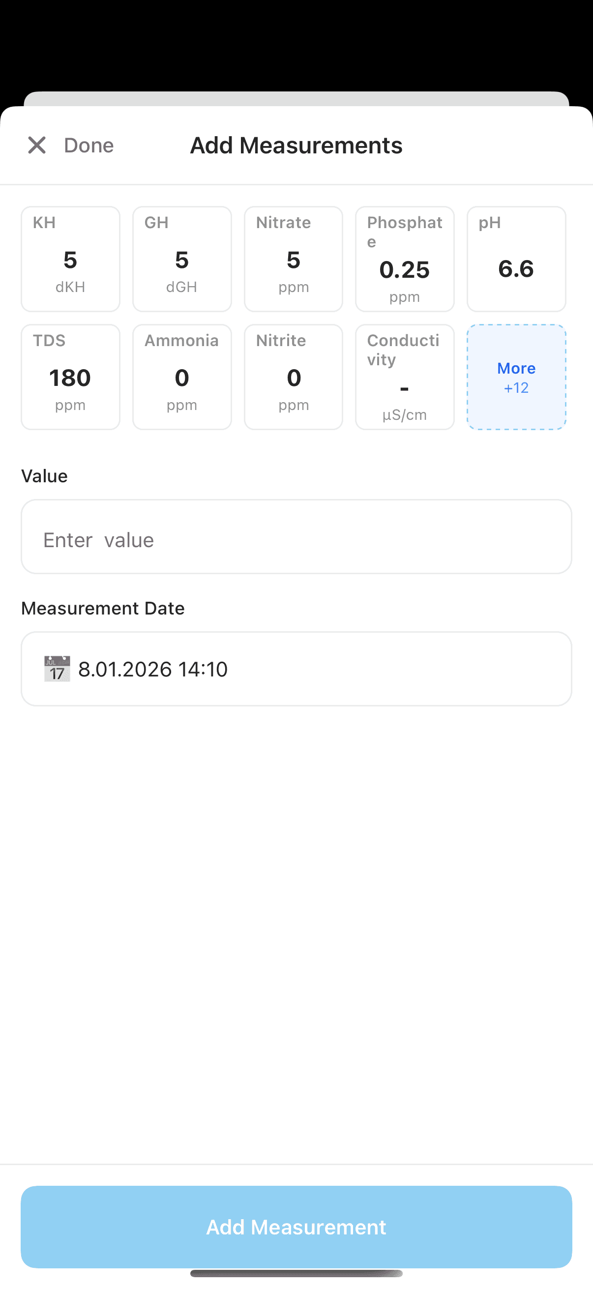 Water parameter entry screen with multiple measurements