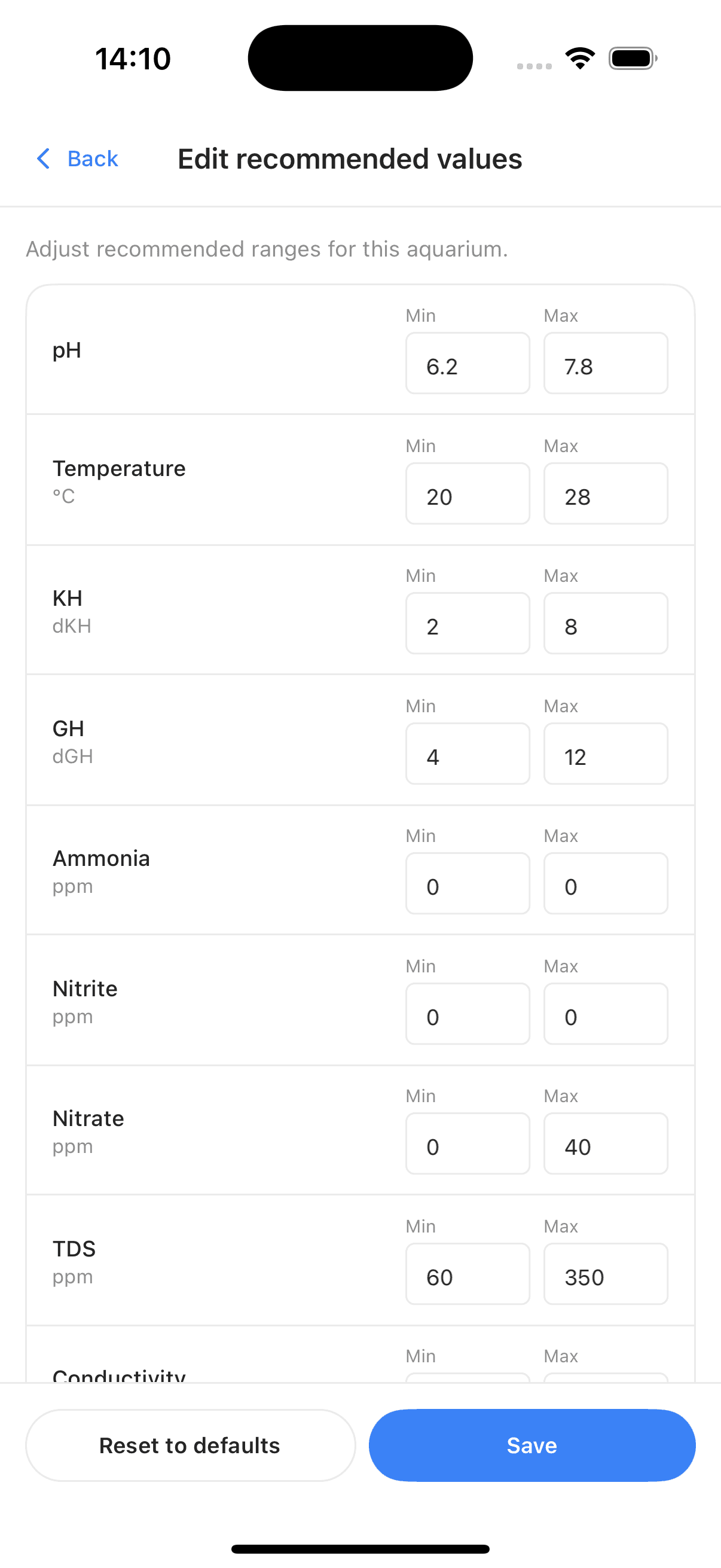 Parameter table with recommended ranges highlighted