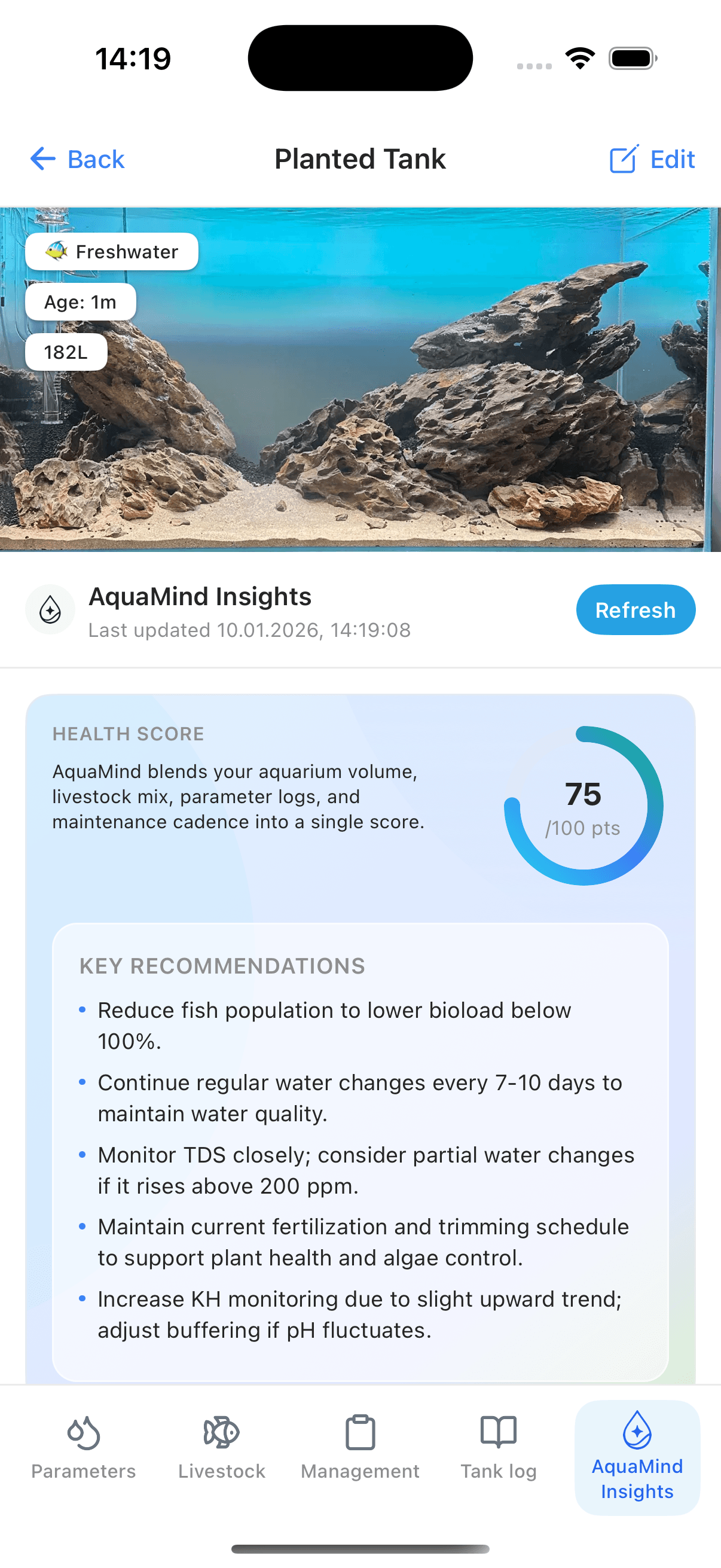 AquaMind insights dashboard for aquarium health