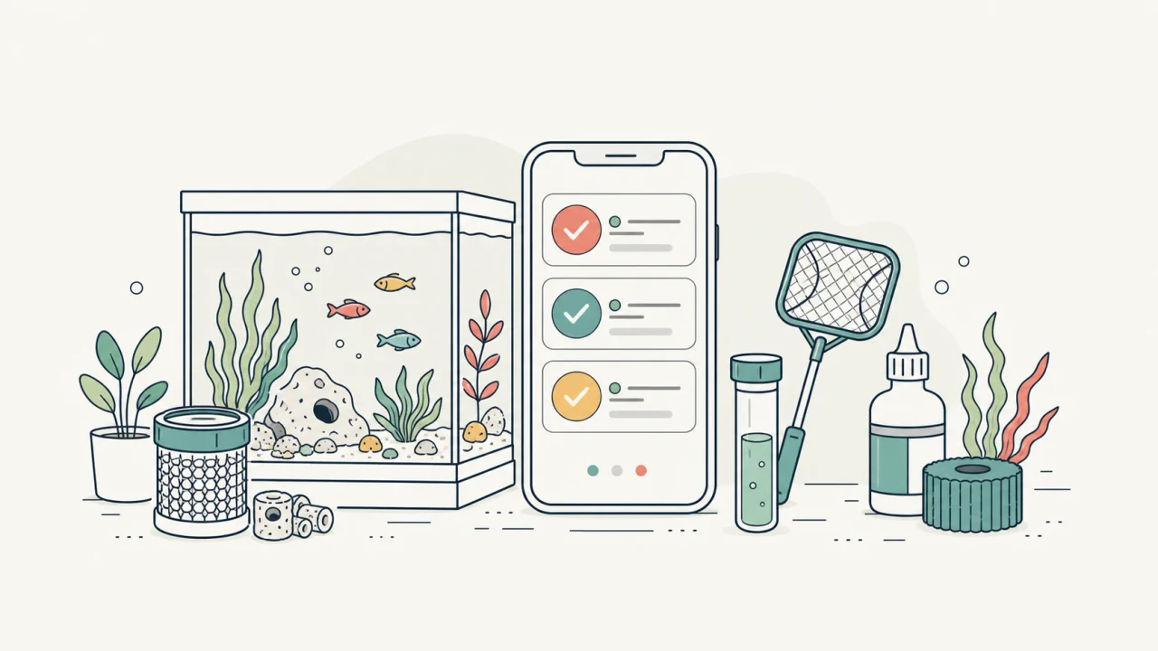 Aquarium maintenance reminders and care tools organized in a modern app workflow