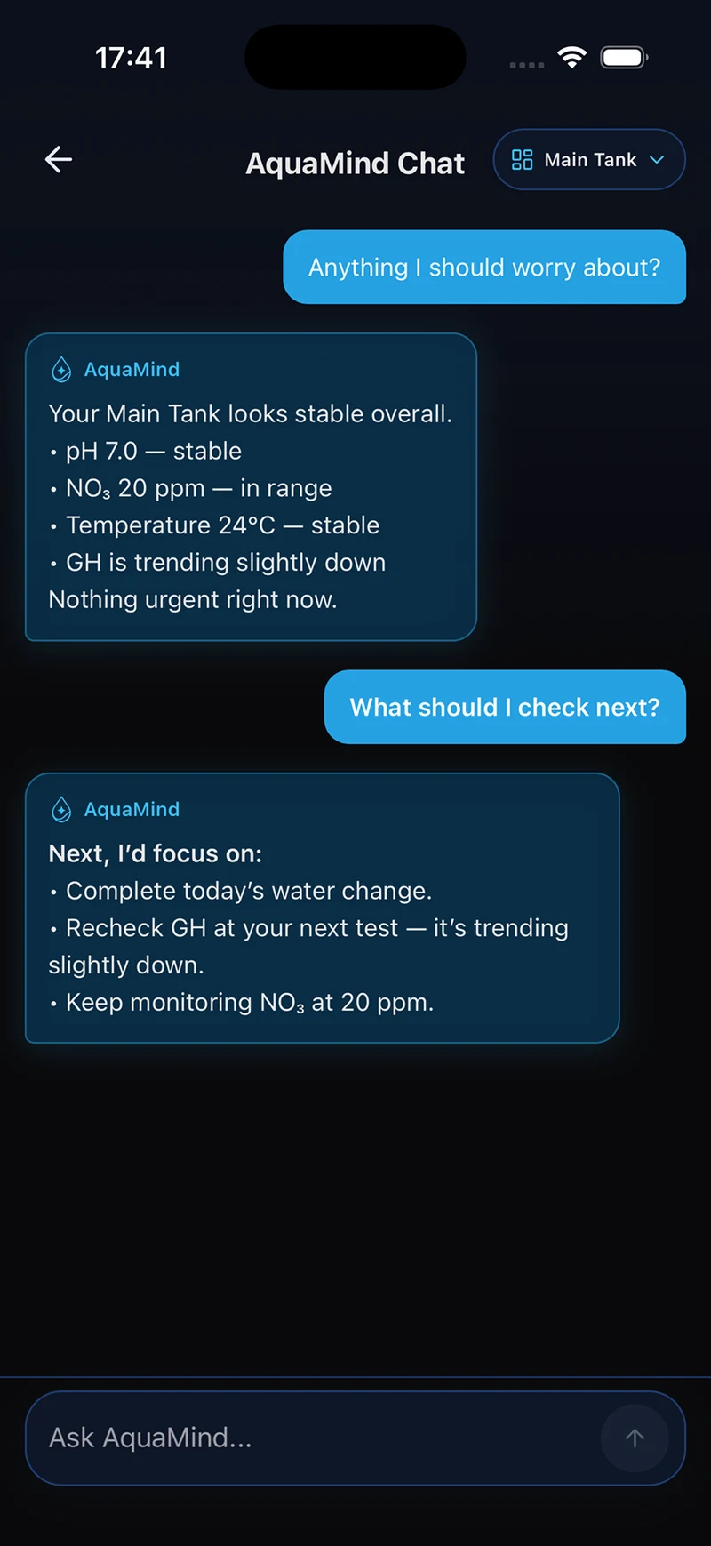 AquaMind chat summarizing Main Tank parameters and suggesting next checks