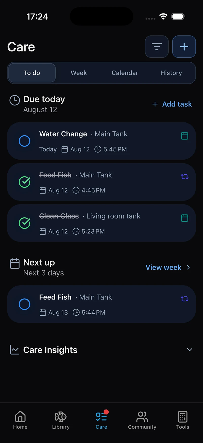Aquarium care tasks, reminders, and upcoming maintenance